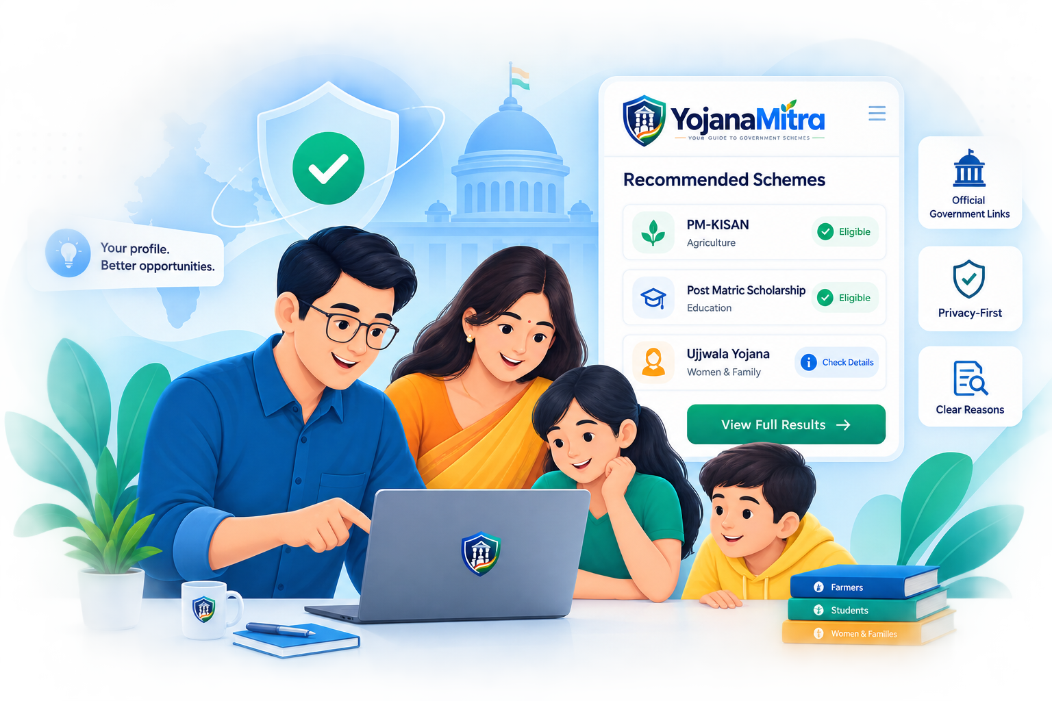 An Indian family checking government scheme eligibility on a laptop, with recommended schemes appearing beside them.